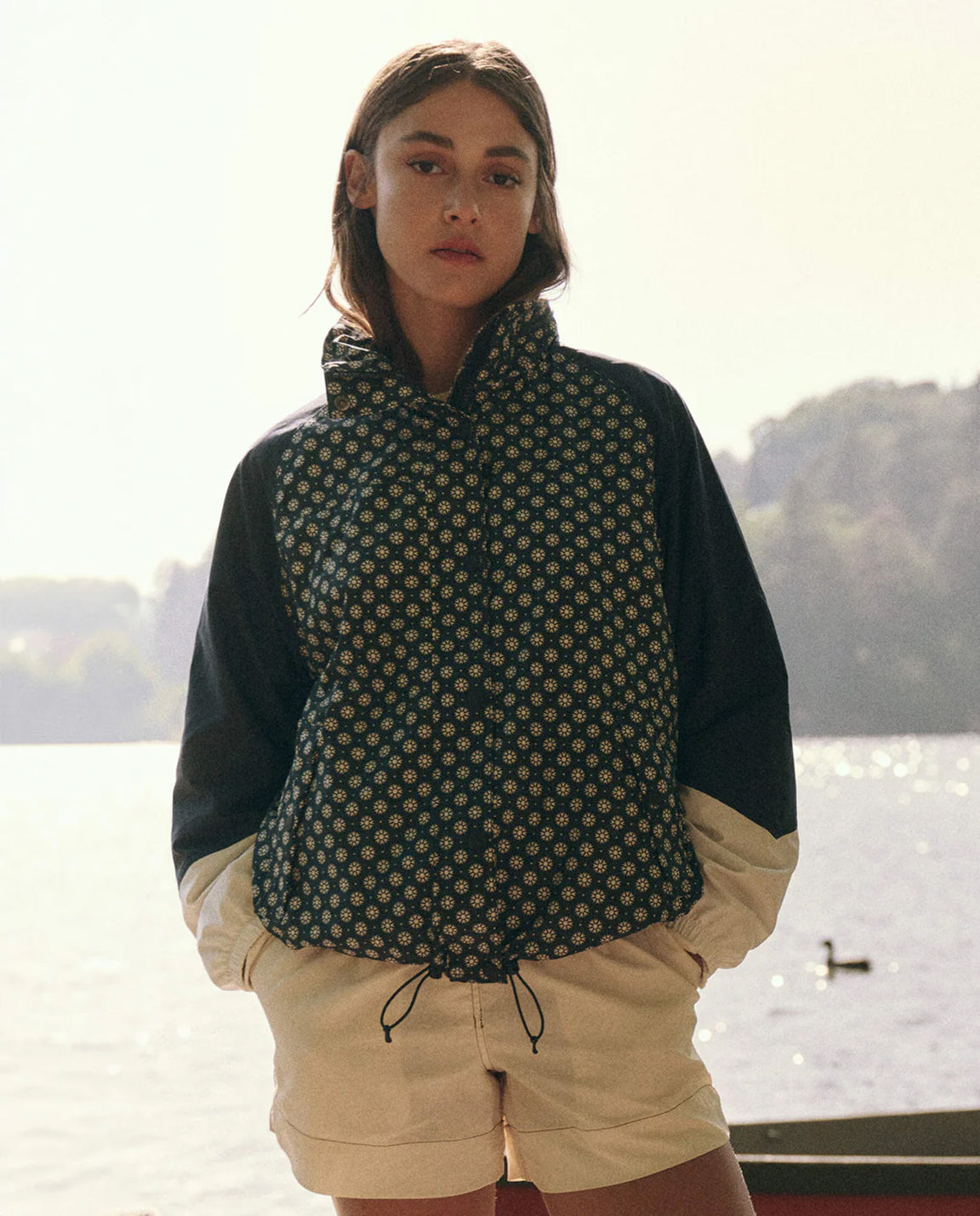 The Great. The Crestline Full-Zip in Microdaisy Colorblock