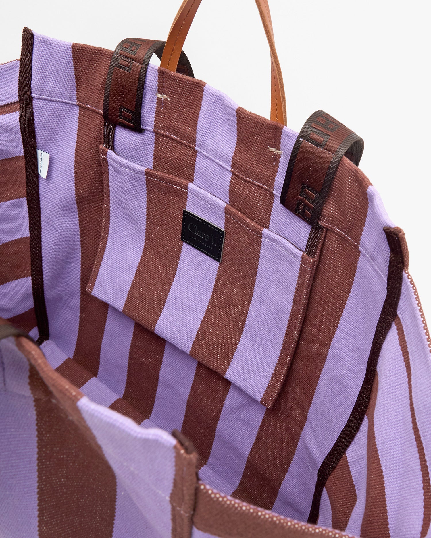 Clare V. La Cote Canvas Beach Tote in Jacaranda/Hazelnut Stripe