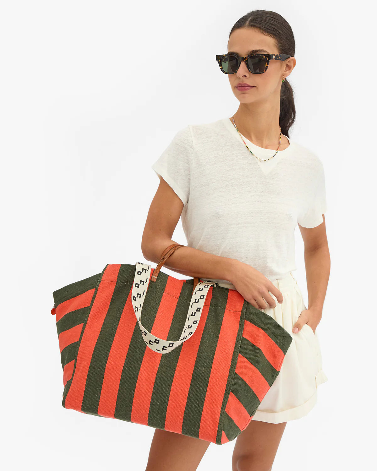 Clare V. La Cote Beach Tote in Army & Bright Poppy Canvas Stripe