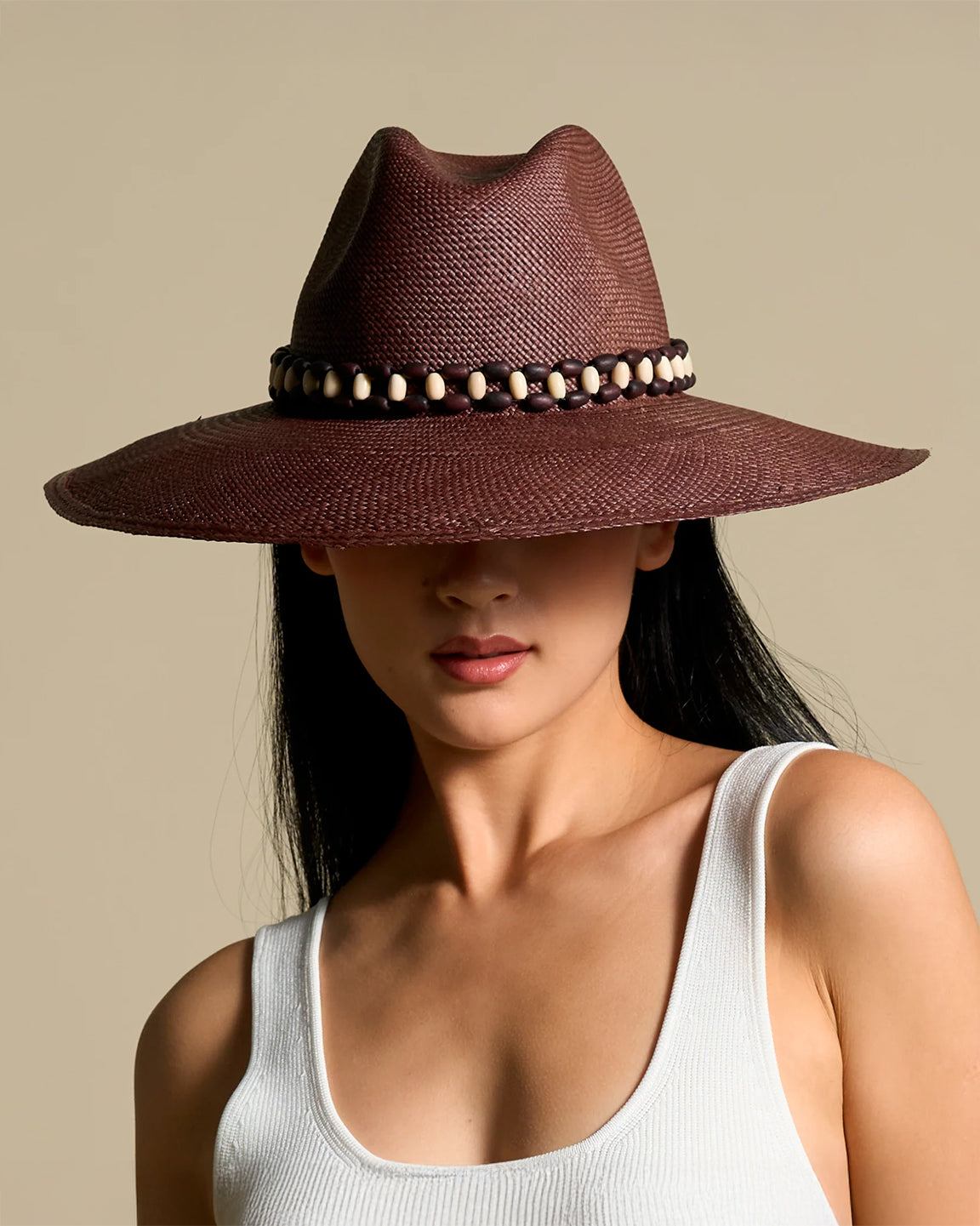 ARTESANO Baleia Wide Brim in Dark Chocolate & Tagua Beads