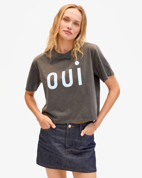 Clare V. Le Carre Tee in Faded Black w/ Sky Blue Oui
