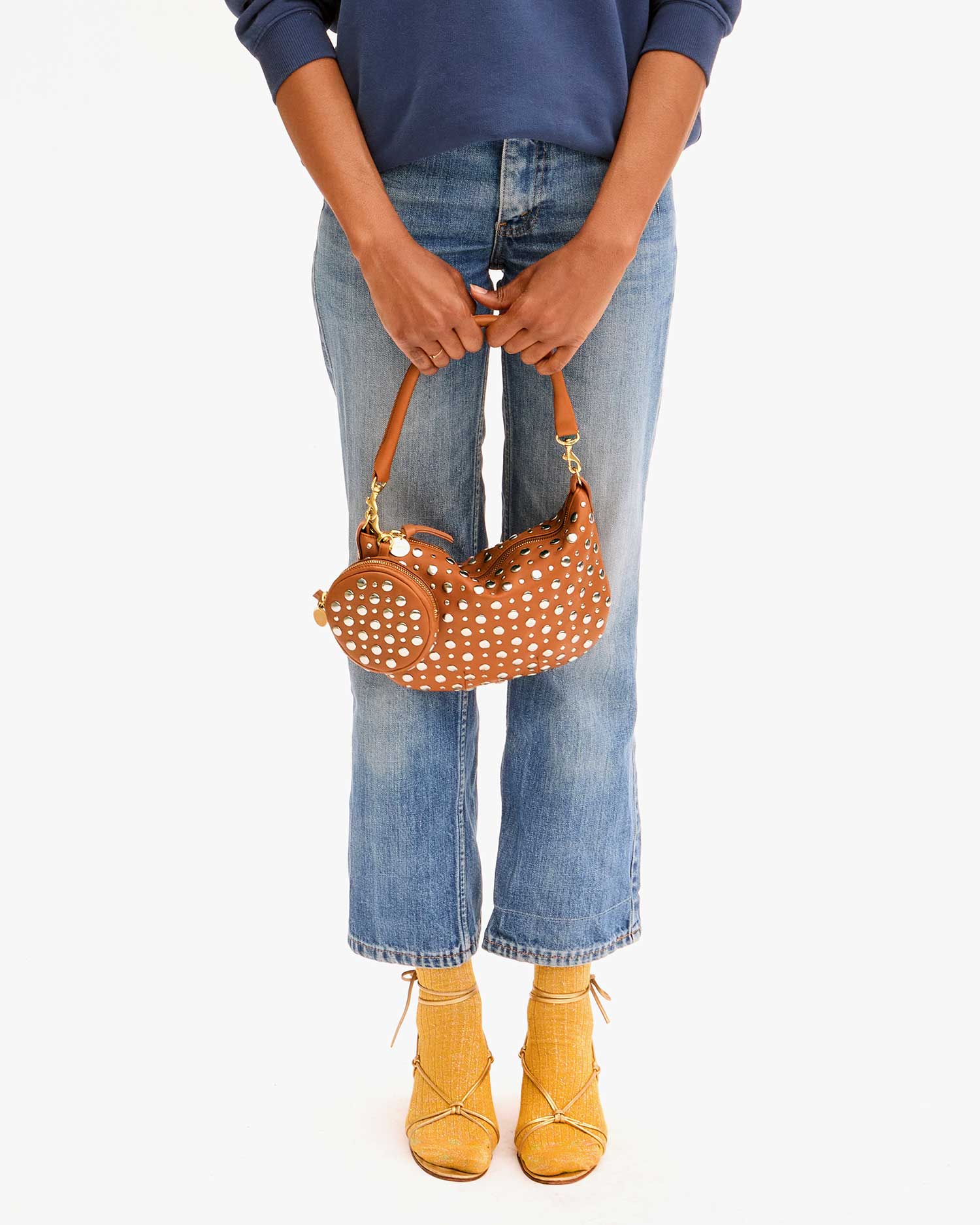 Clare V. Petit Moyen Messenger in Cuoio Nappa with Studs
