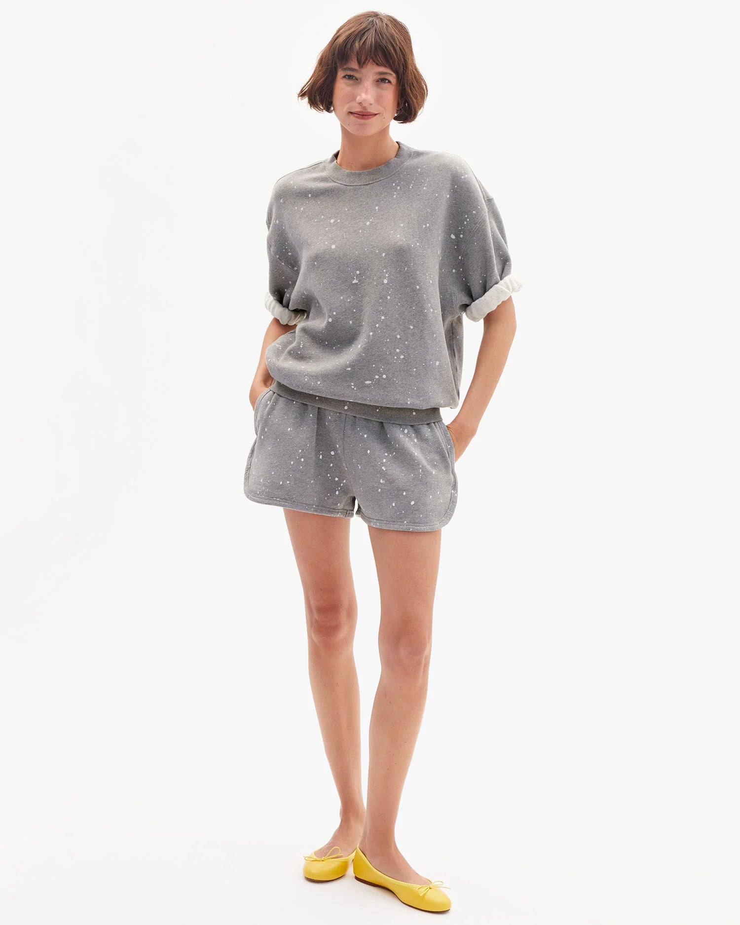 Clare V. Short Sleeve Oversized Sweatshirt in Grey Melange Splatter