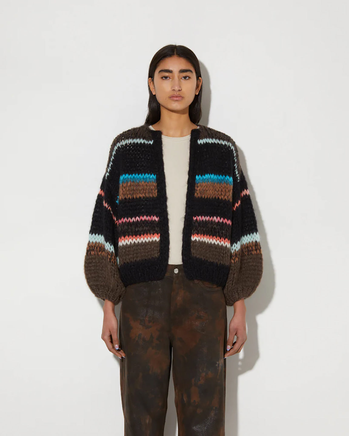 Maiami Stripes Galore Bomber Cardigan in Chocolate
