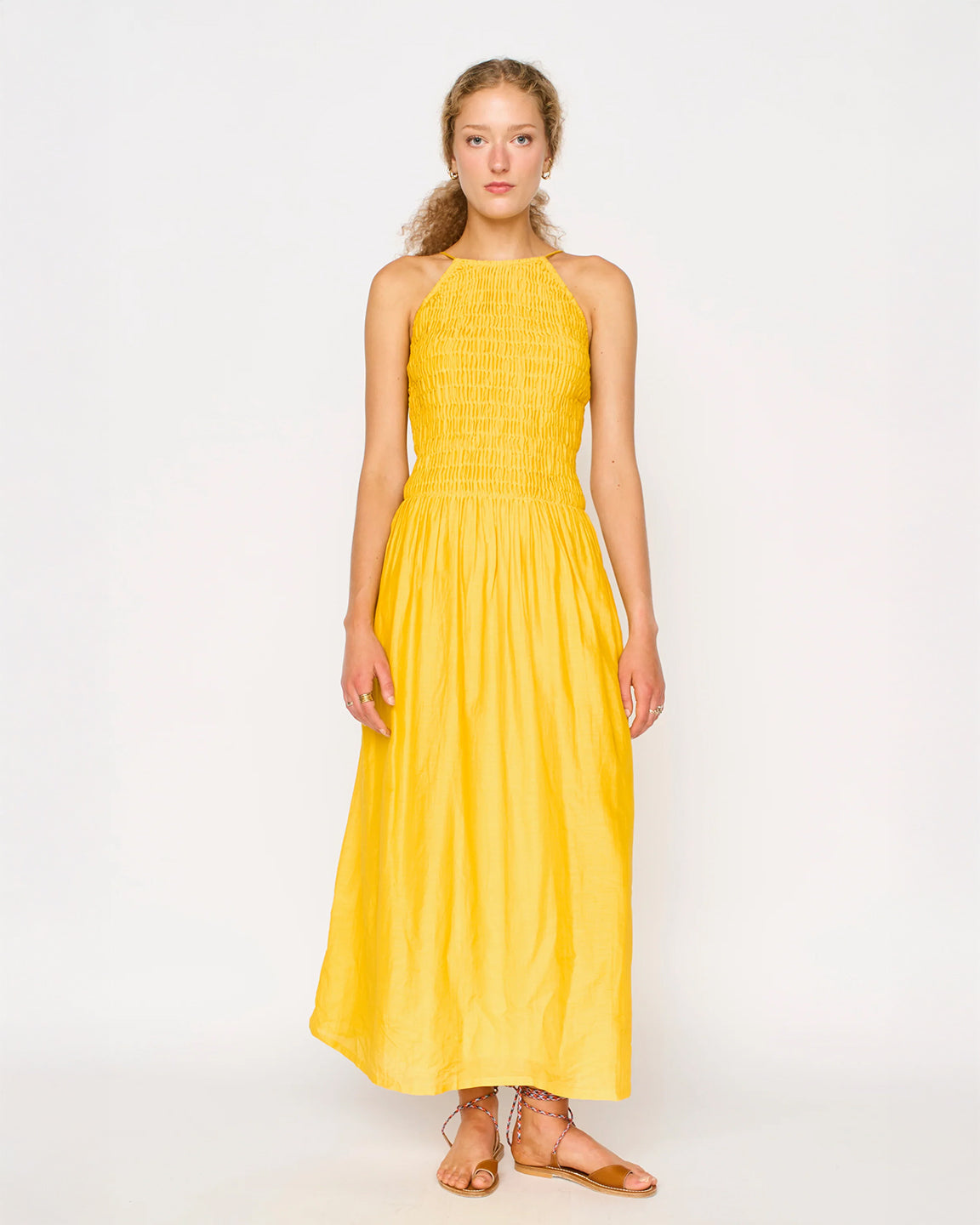 Alba Halter Dress in Canary X-Small – Smocked Bodice, Cotton Silk Blend, Tie-Back Straps, Pockets By Mirth