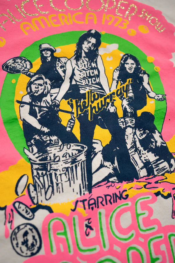 Vintage-style graphic with band members and text on a colorful background