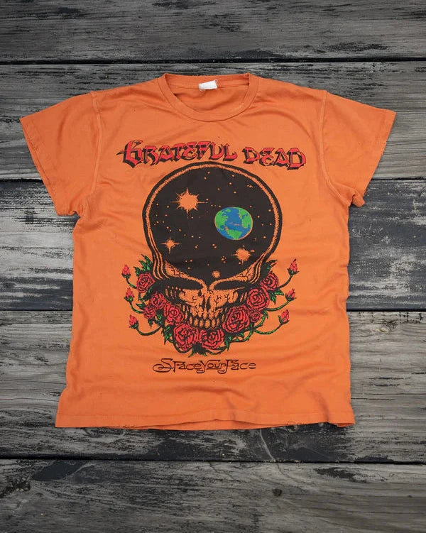 Grateful Dead orange tee that has a skull and roses