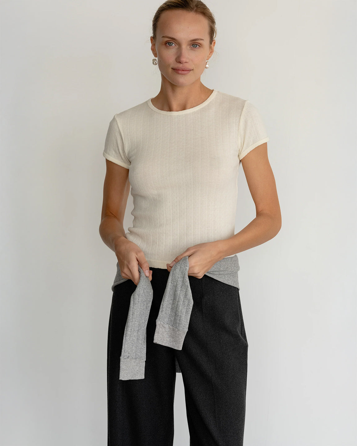 Donni. The Pointelle Baby Tee in Creme
