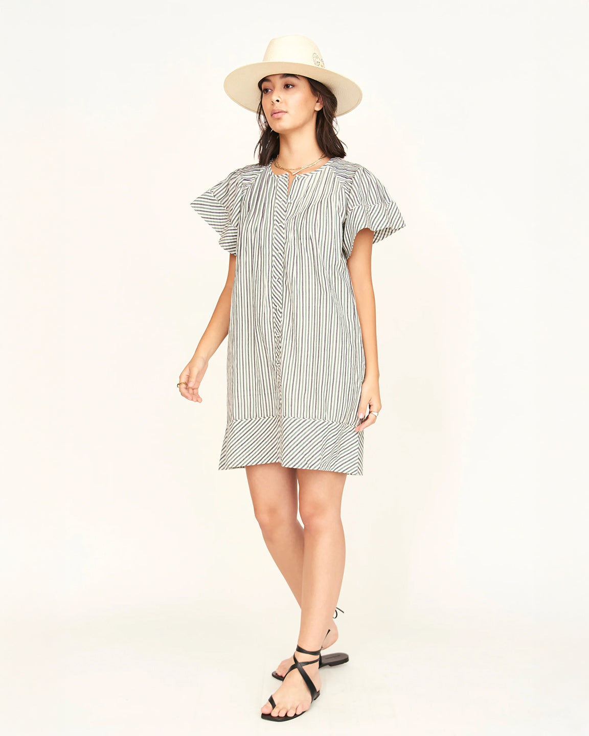 Mirth Vienna Pintuck Short Dress in Dune Stripe