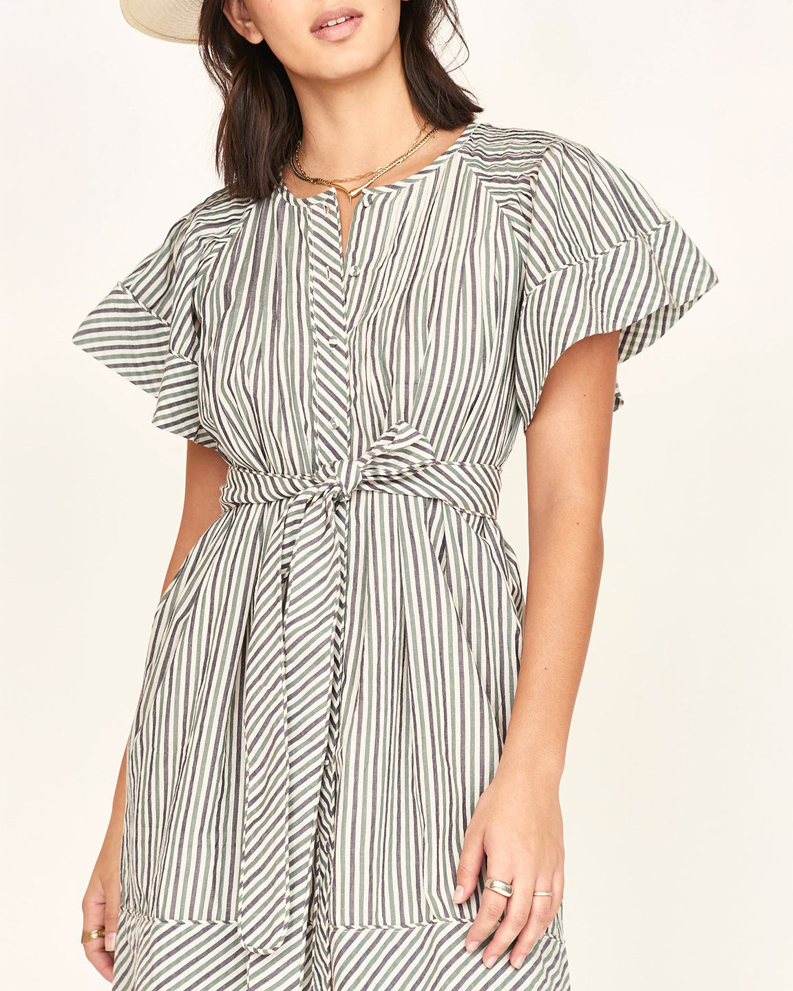 Mirth Vienna Pintuck Short Dress in Dune Stripe