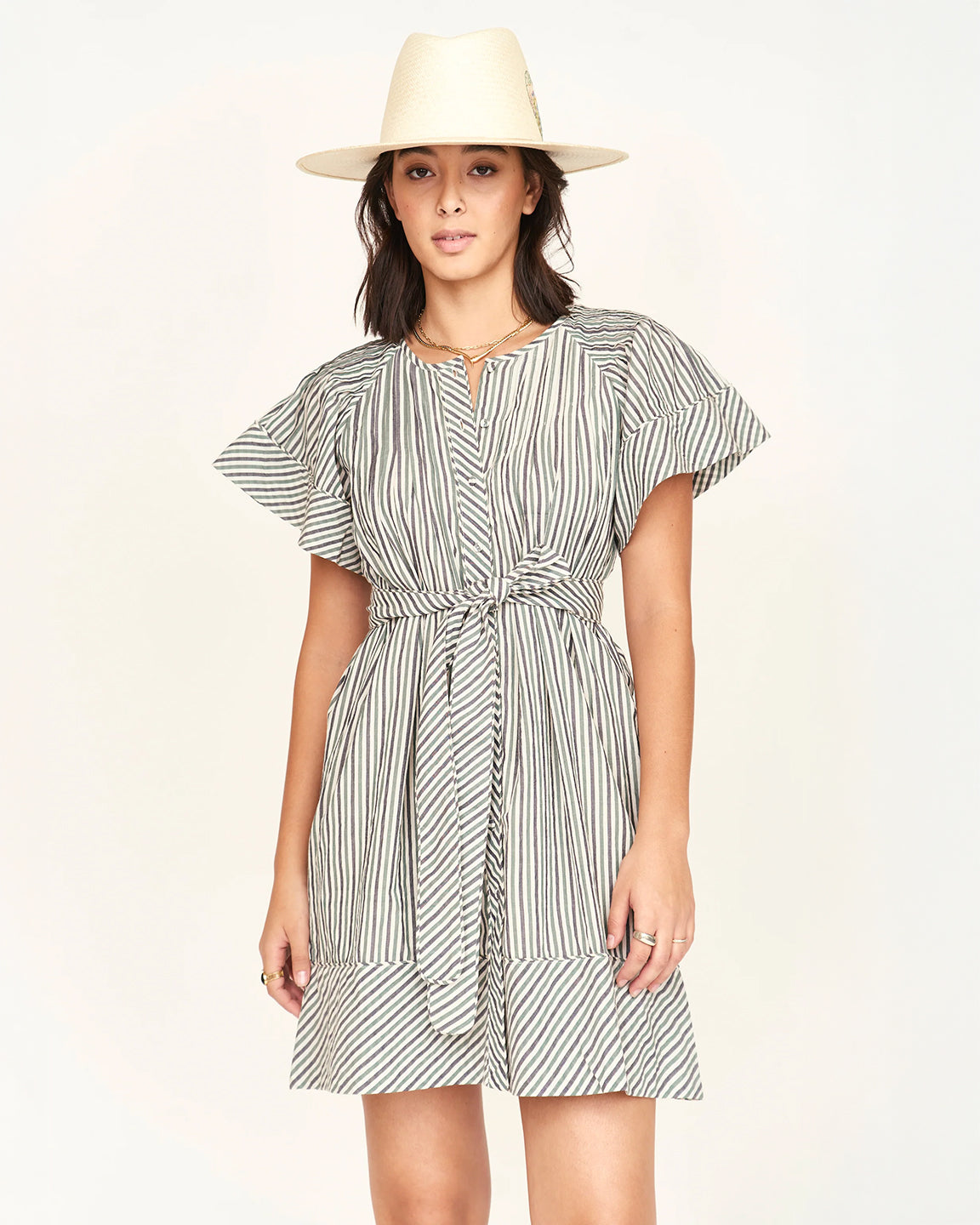Mirth Vienna Pintuck Short Dress in Dune Stripe