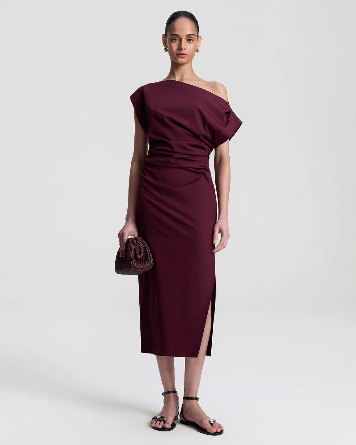 A.L.C. Nara Stretch Cotton Off Shoulder Midi Dress in Plum
