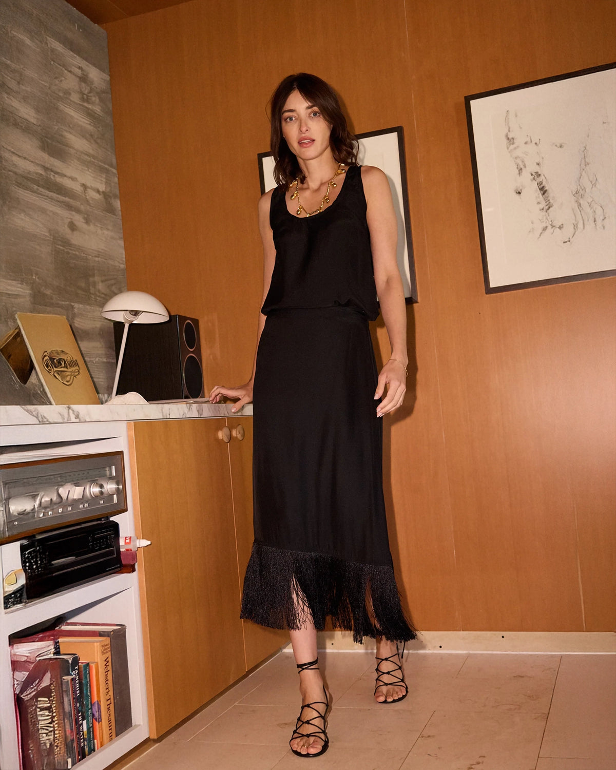 Natalie Martin Anita Skirt In Black Fringe Silk