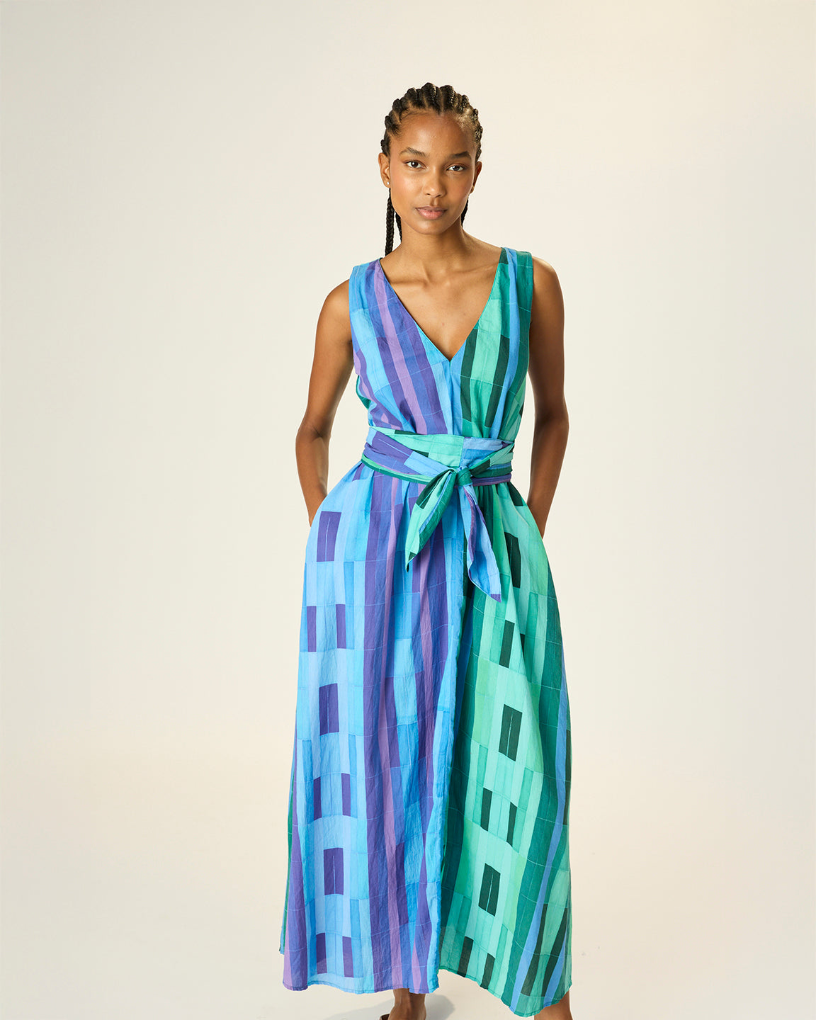Natalie Martin Tova Maxi with Matching Sash Belt in Sea Glass Cotton Green/Sea Glass Cotton Blue Combo
