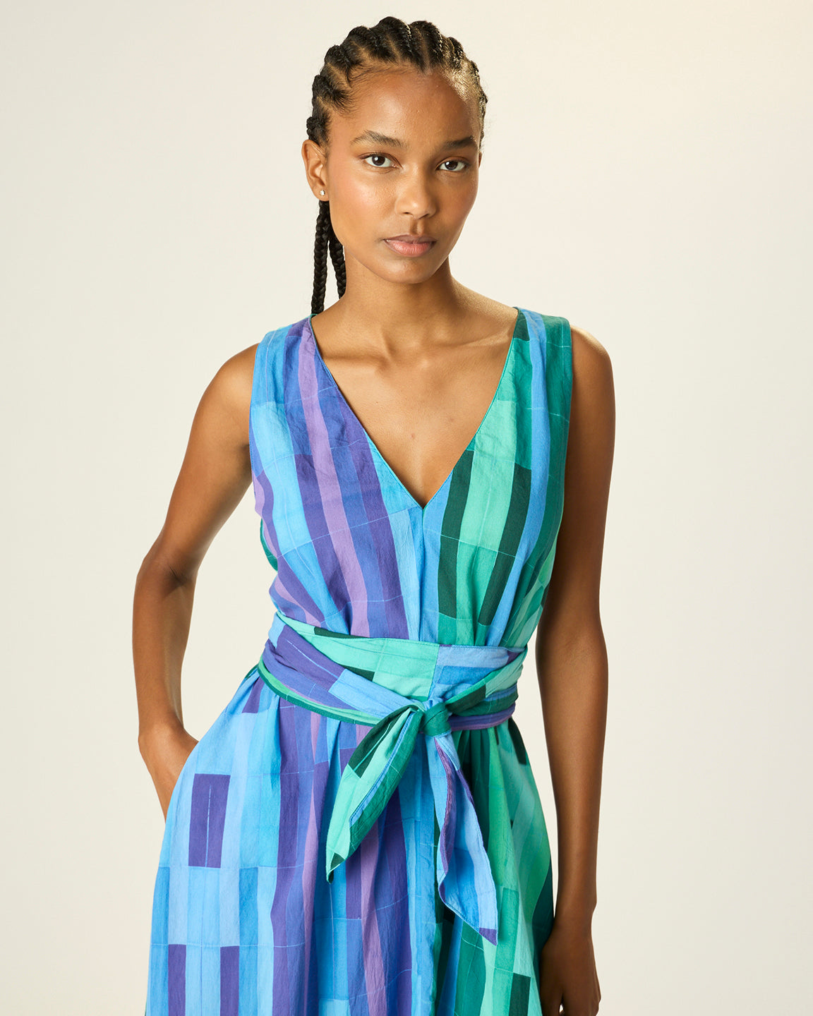 Natalie Martin Tova Maxi with Matching Sash Belt in Sea Glass Cotton Green/Sea Glass Cotton Blue Combo