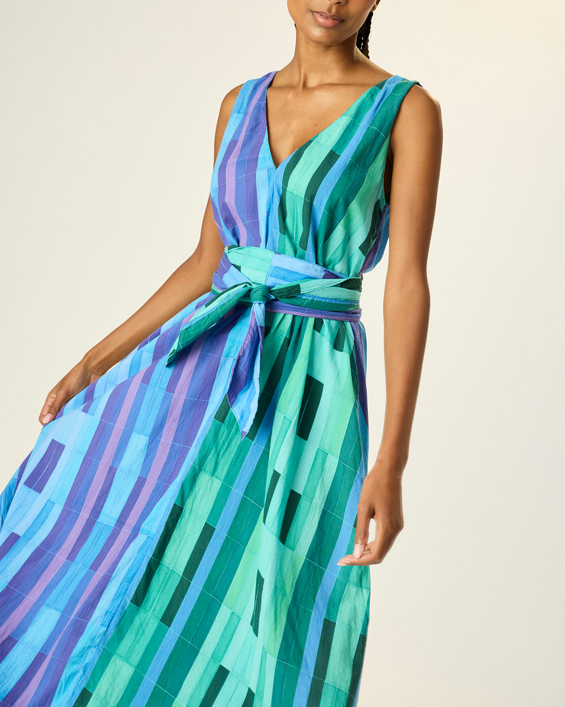 Natalie Martin Tova Maxi with Matching Sash Belt in Sea Glass Cotton Green/Sea Glass Cotton Blue Combo