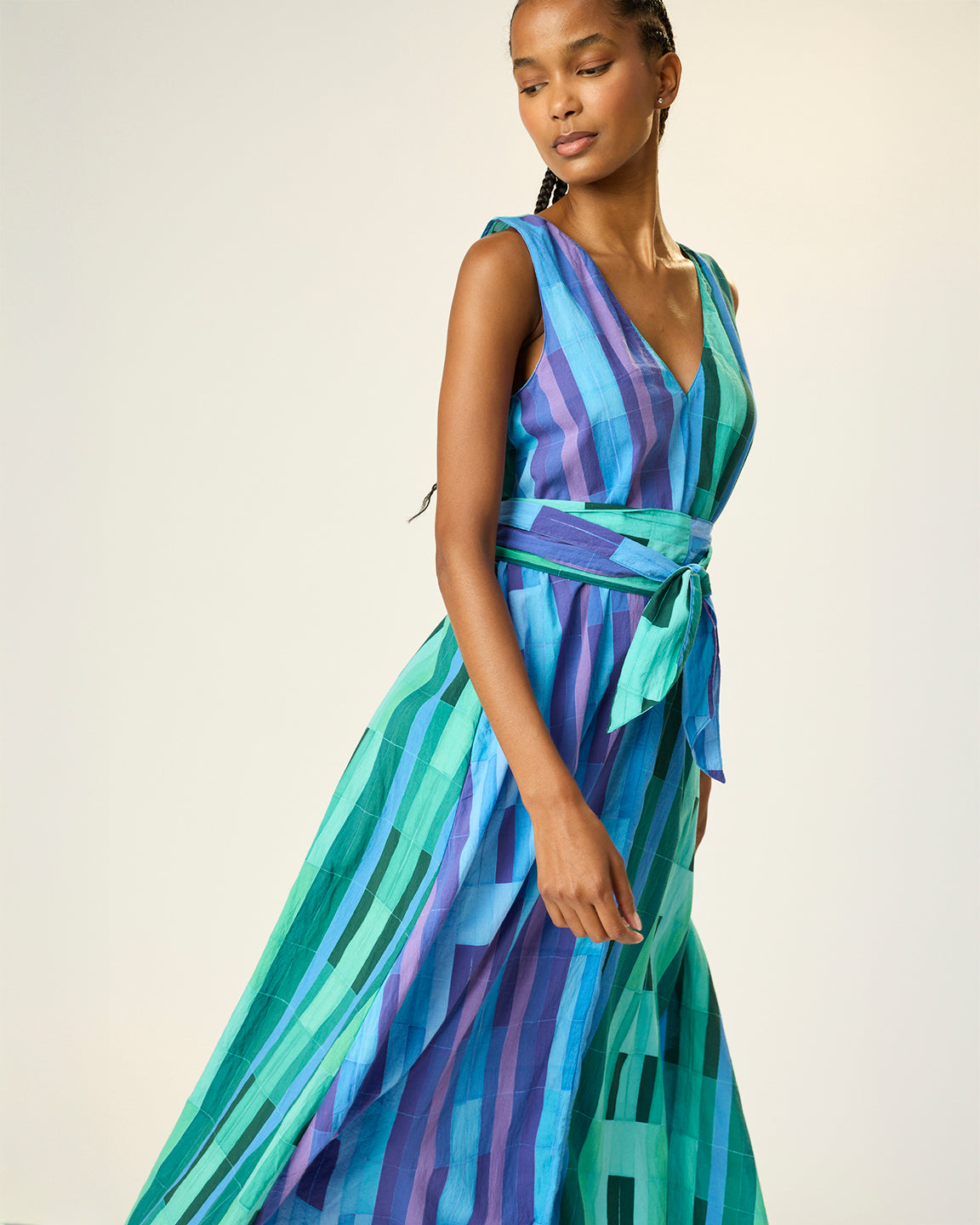 Natalie Martin Tova Maxi with Matching Sash Belt in Sea Glass Cotton Green/Sea Glass Cotton Blue Combo