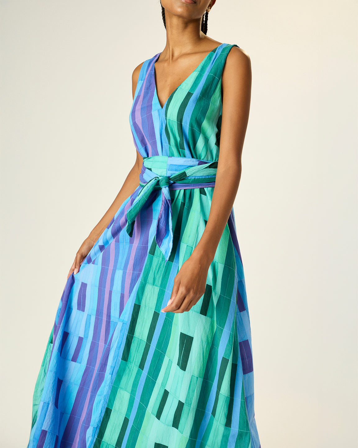 Natalie Martin Tova Maxi with Matching Sash Belt in Sea Glass Cotton Green/Sea Glass Cotton Blue Combo