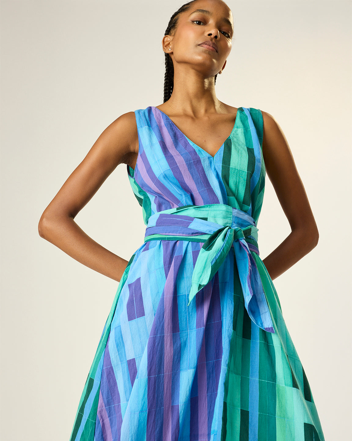 Natalie Martin Tova Maxi with Matching Sash Belt in Sea Glass Cotton Green/Sea Glass Cotton Blue Combo