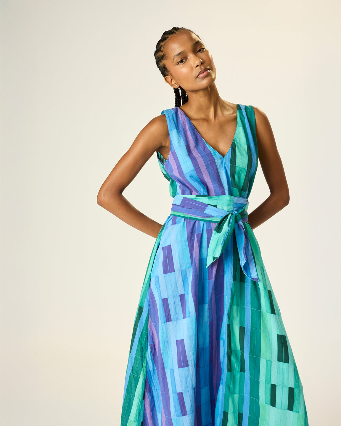 Natalie Martin Tova Maxi with Matching Sash Belt in Sea Glass Cotton Green/Sea Glass Cotton Blue Combo