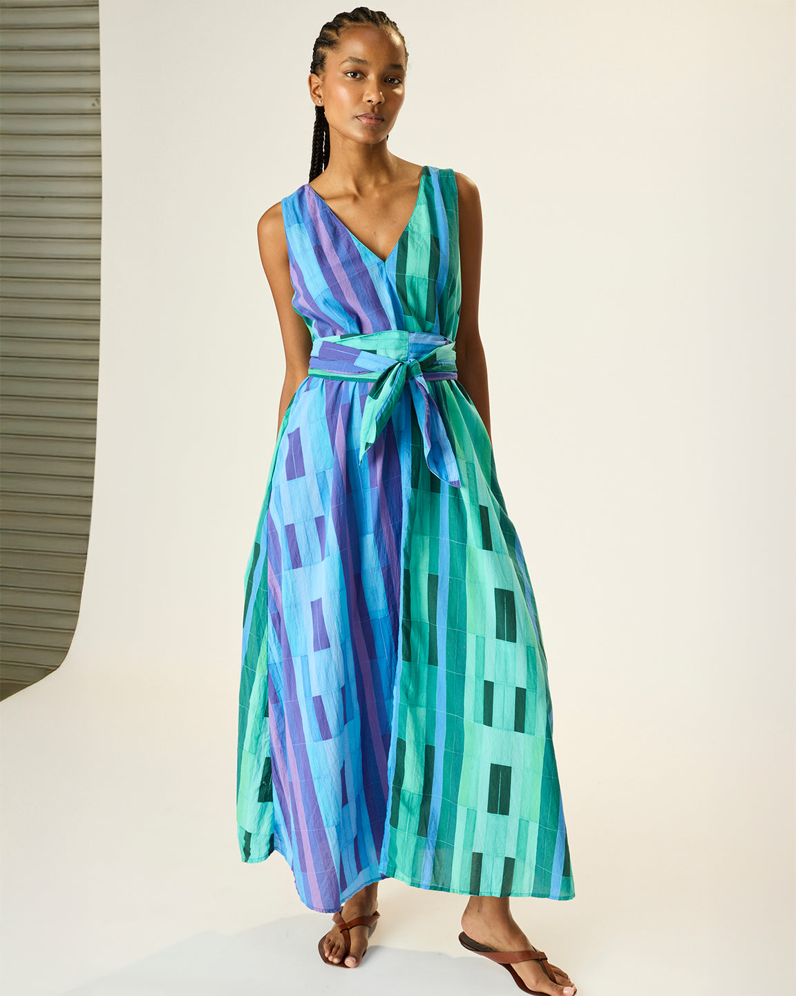 Natalie Martin Tova Maxi with Matching Sash Belt in Sea Glass Cotton Green/Sea Glass Cotton Blue Combo