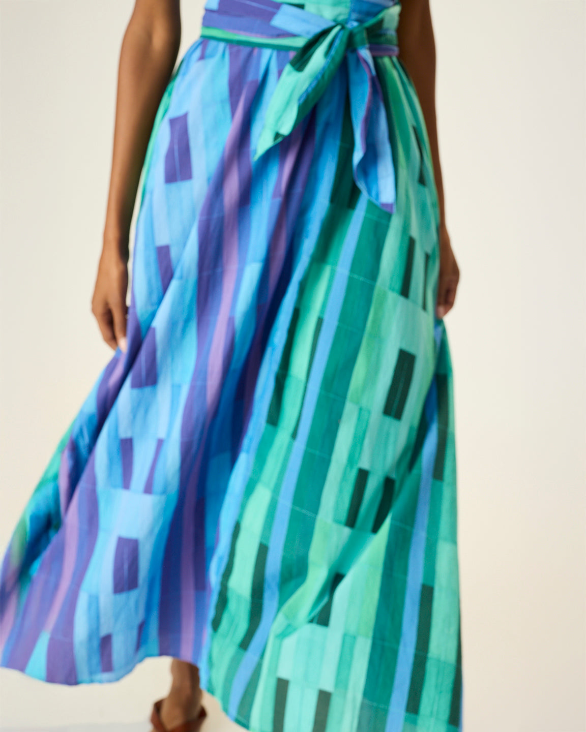 Natalie Martin Tova Maxi with Matching Sash Belt in Sea Glass Cotton Green/Sea Glass Cotton Blue Combo