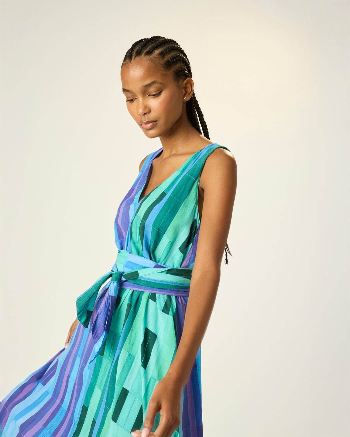 Natalie Martin Tova Maxi with Matching Sash Belt in Sea Glass Cotton Green/Sea Glass Cotton Blue Combo