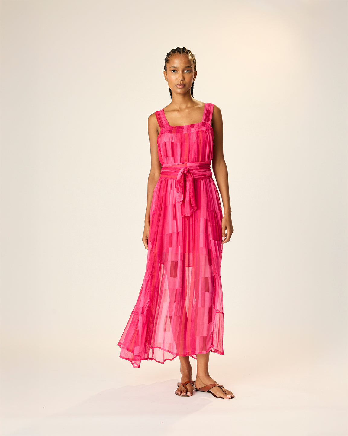 Natalie Martin Jasmine Maxi Dress with Sash in Sea Glass Chiffon Pink S