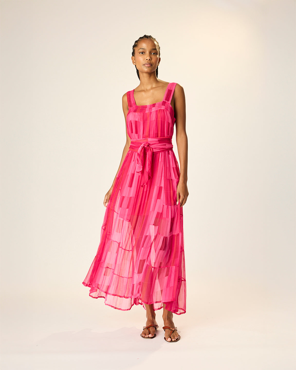 Natalie Martin Jasmine Maxi Dress with Sash in Sea Glass Chiffon Pink