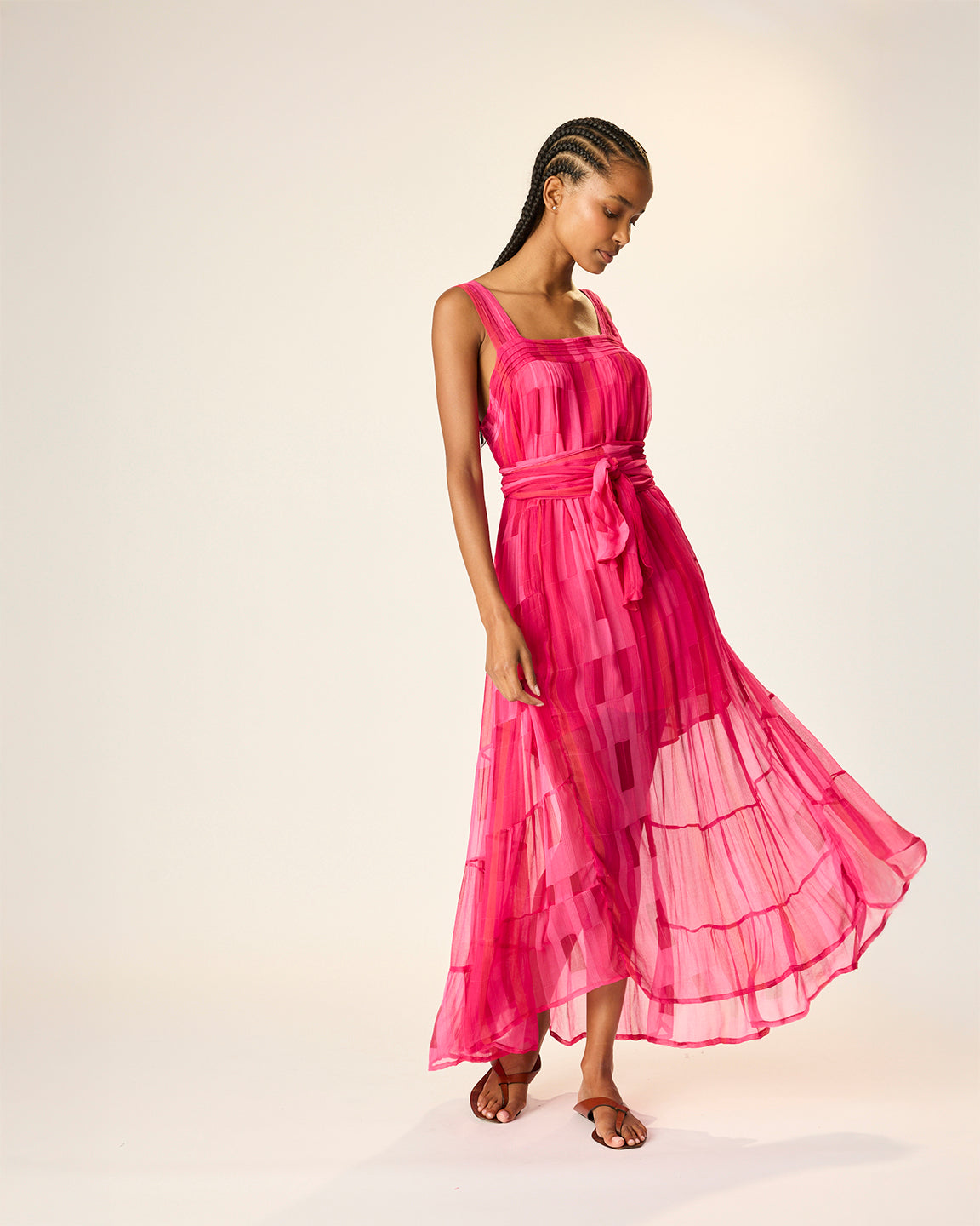 Natalie Martin Jasmine Maxi Dress with Sash in Sea Glass Chiffon Pink