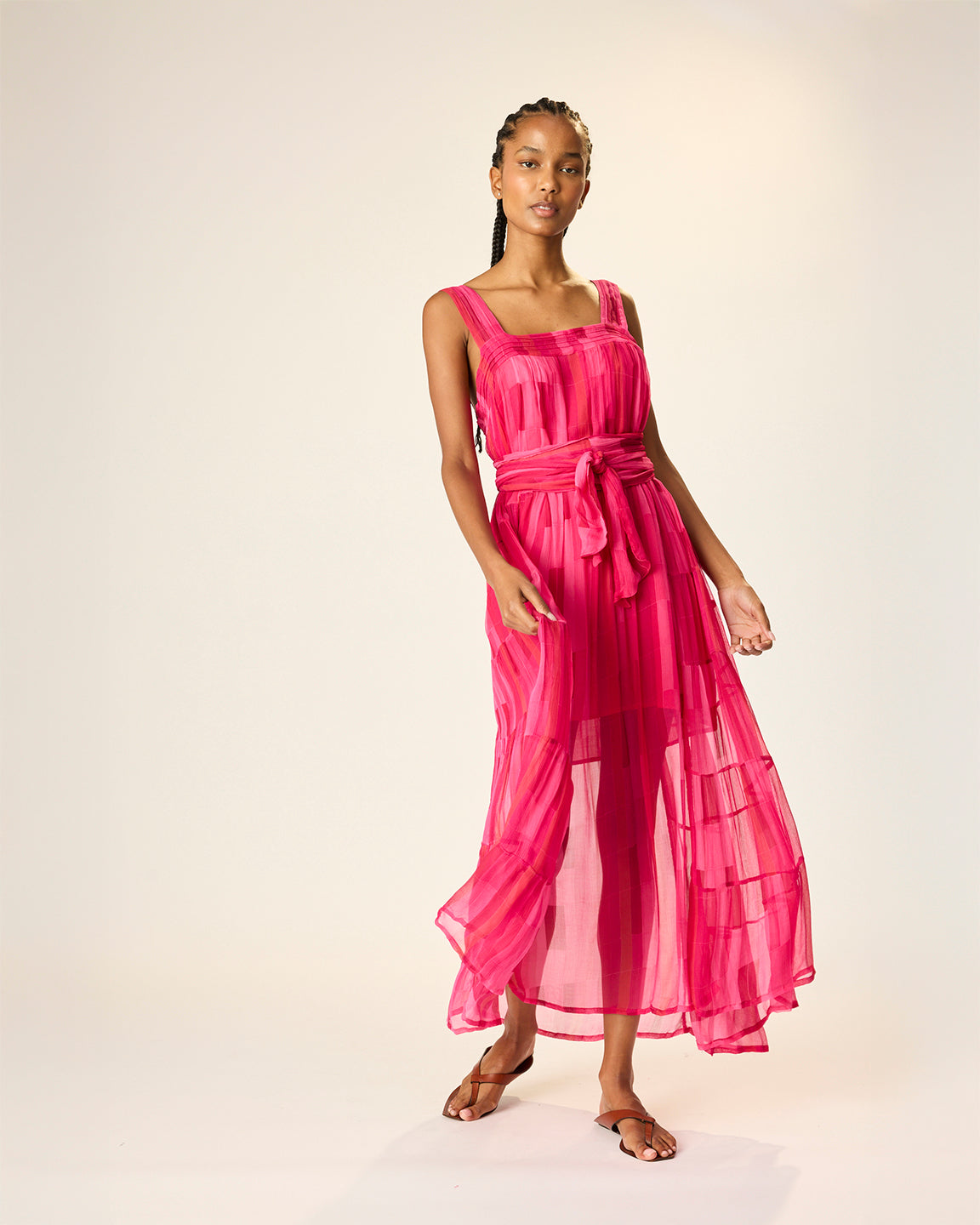 Natalie Martin Jasmine Maxi Dress with Sash in Sea Glass Chiffon Pink