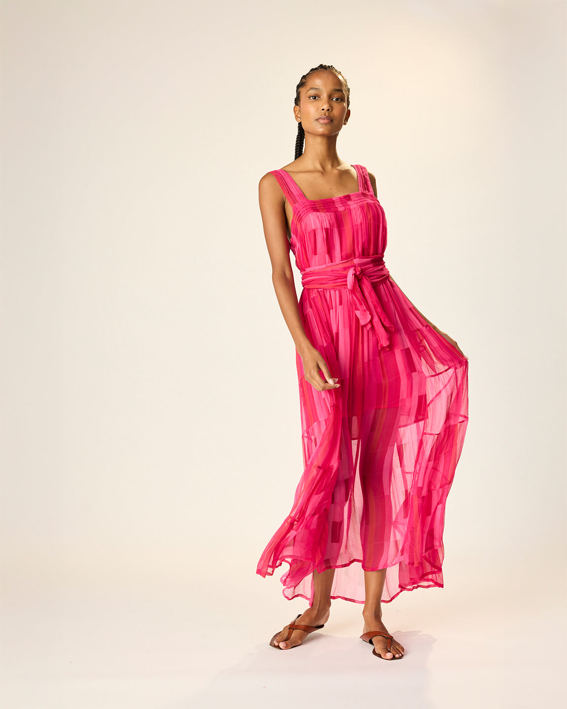Natalie Martin Jasmine Maxi Dress with Sash in Sea Glass Chiffon Pink