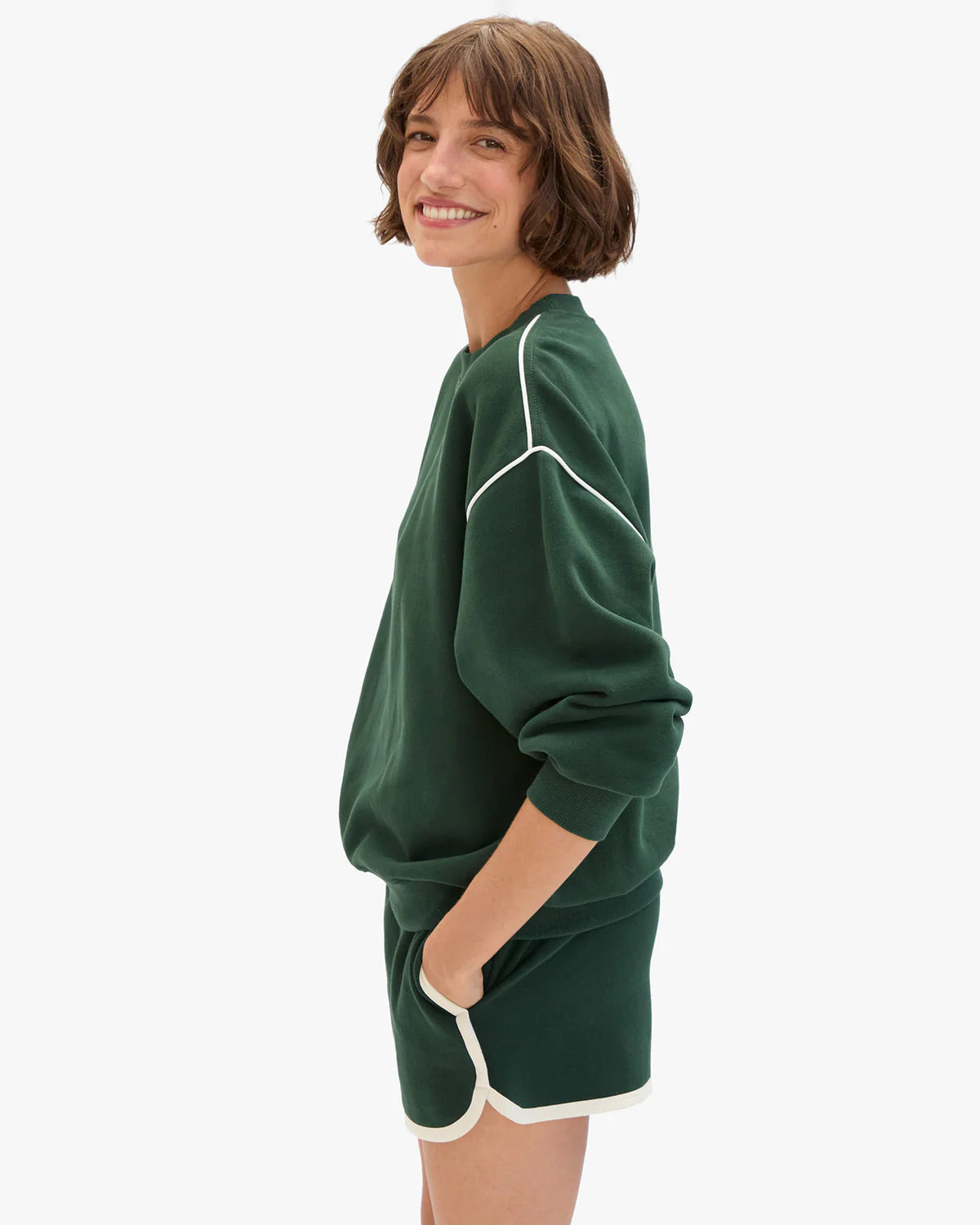 Clare V. Oversized Sweatshirt in Deep Forest with Cream Piping & Geo Les Sardines Patch