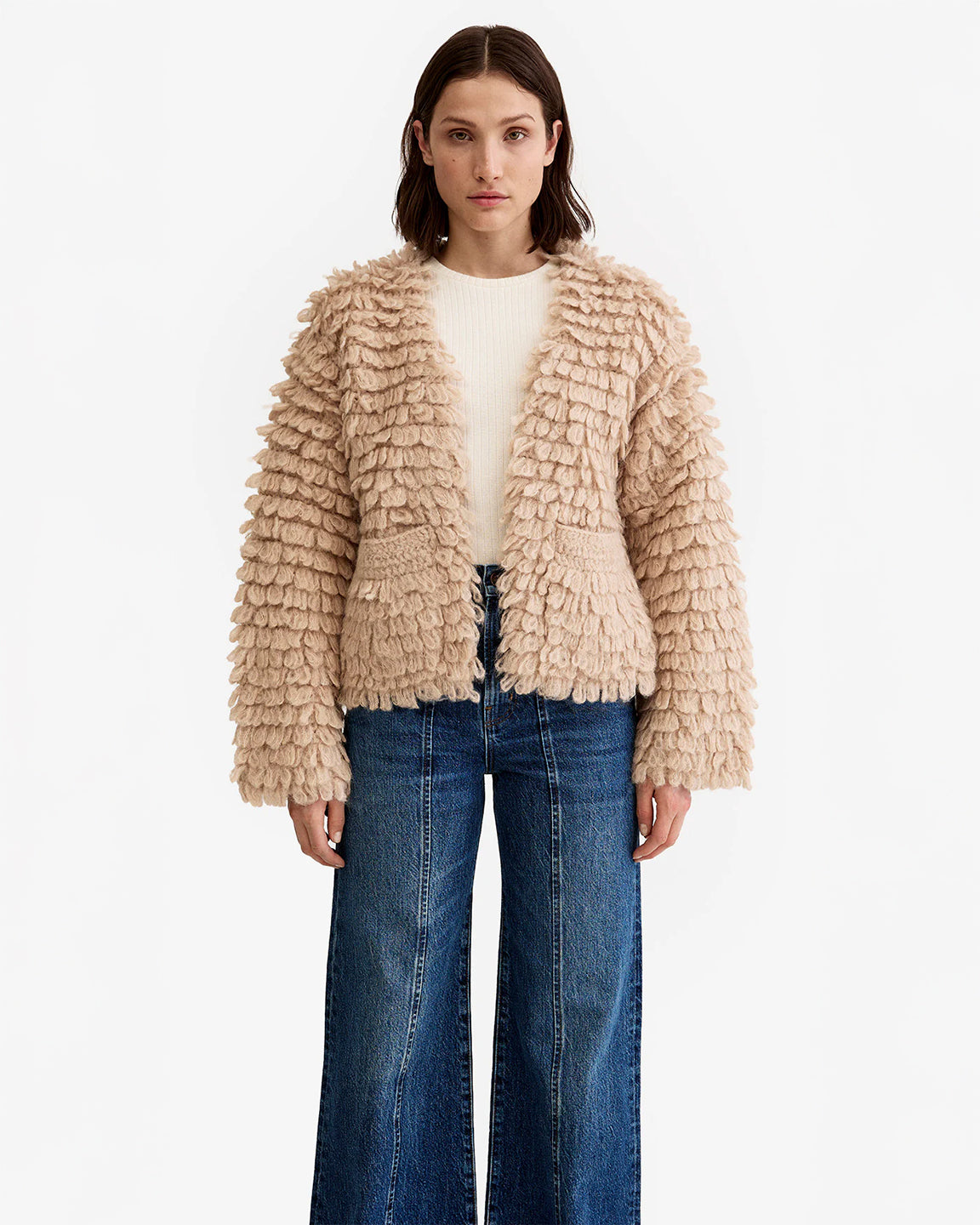 Smythe Handknit Loop Stitch Cardi in Buff