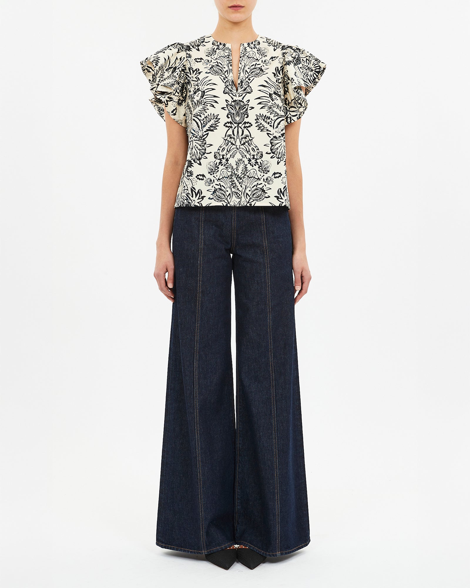 Ulla Johnson Severine Flutter Sleeve Top in Ivory Flora