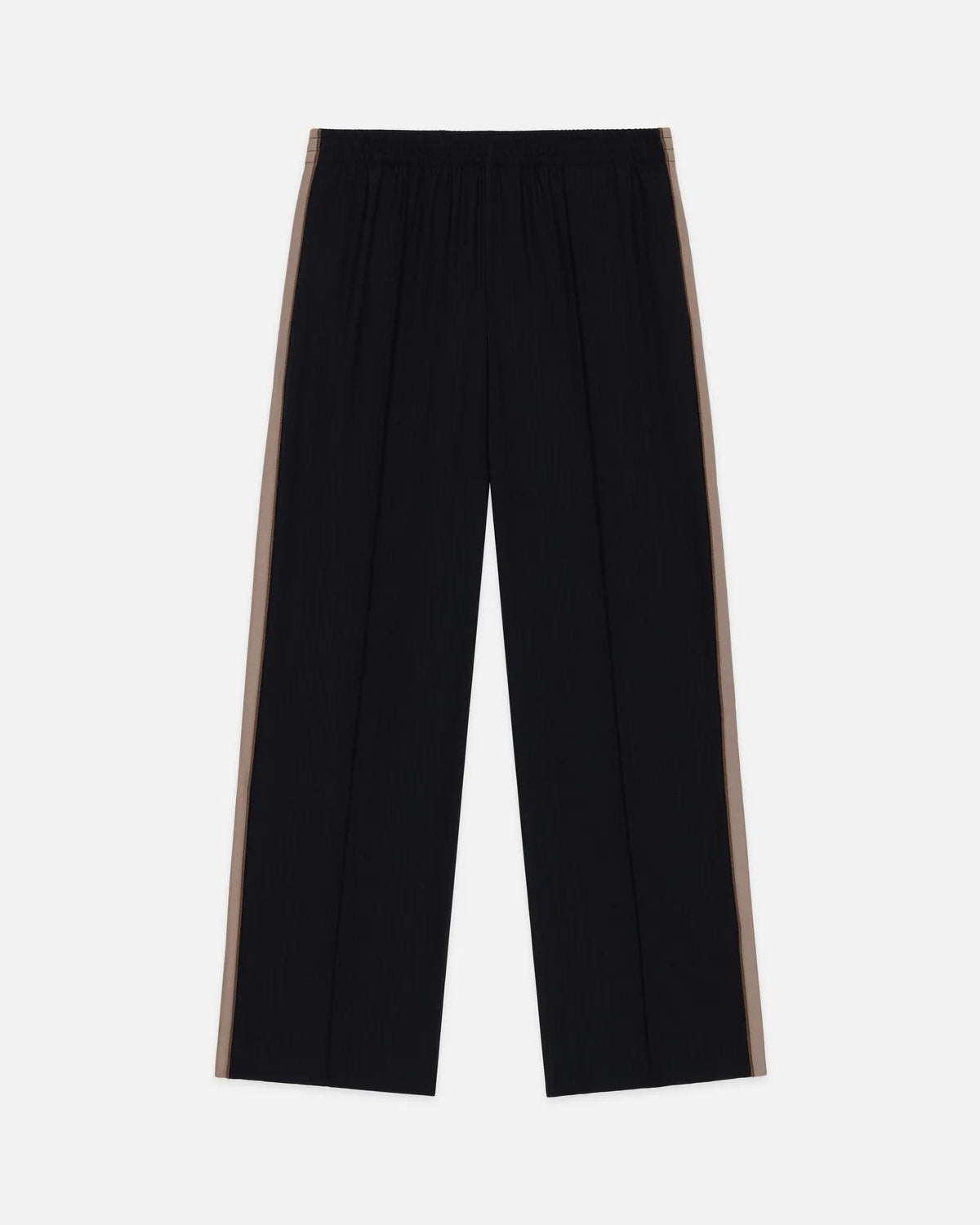 Black wide-leg cropped pants with a beige side stripe, shown flat against a light gray background.