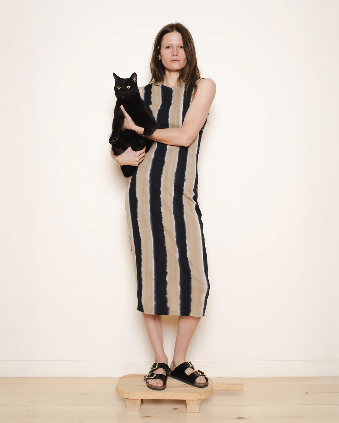 Raquel Allegra Column Midi Dress in Neutral Stripes