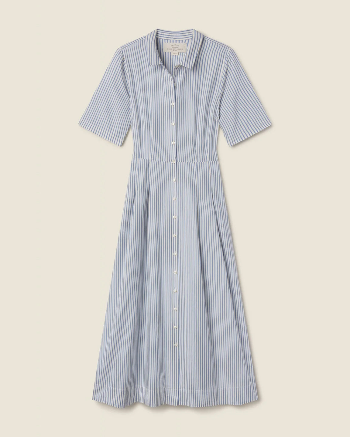 Blue and white striped dress on a beige background