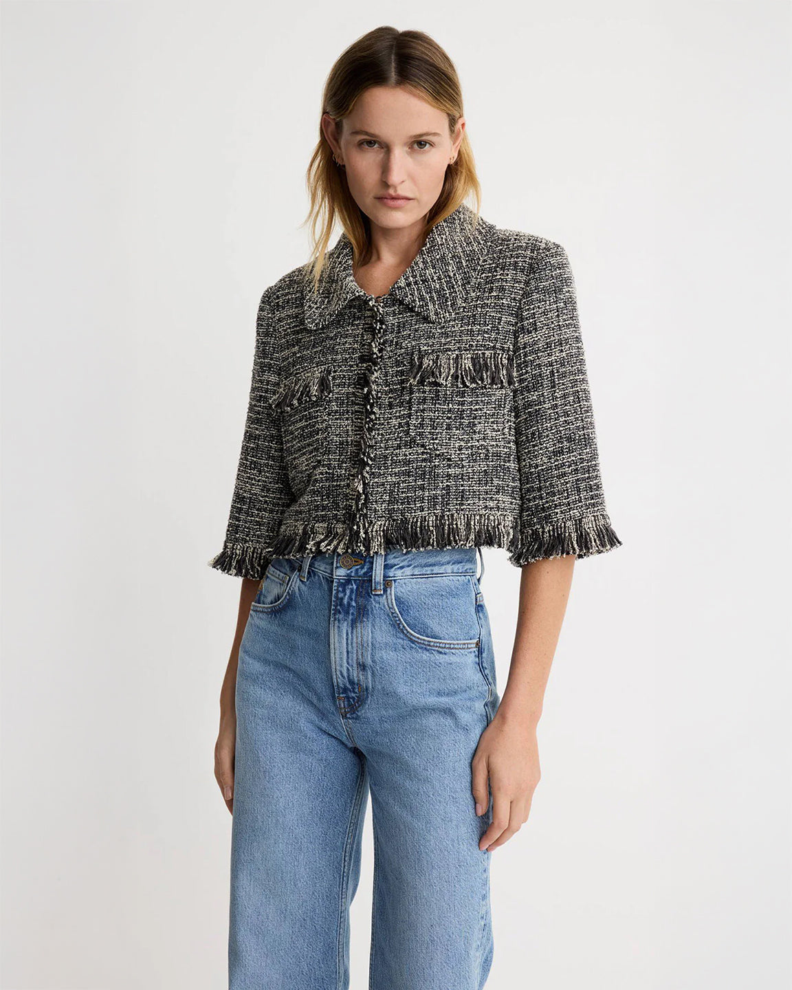 Smythe Cropped Sleeve Mini Jacket in Pepper Tweed