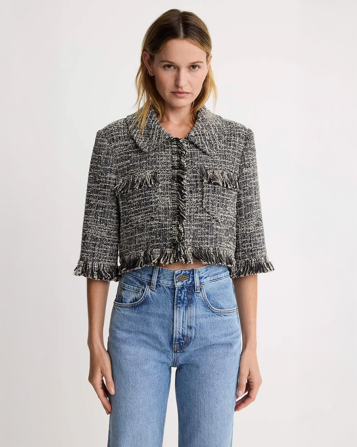 Smythe Cropped Sleeve Mini Jacket in Pepper Tweed
