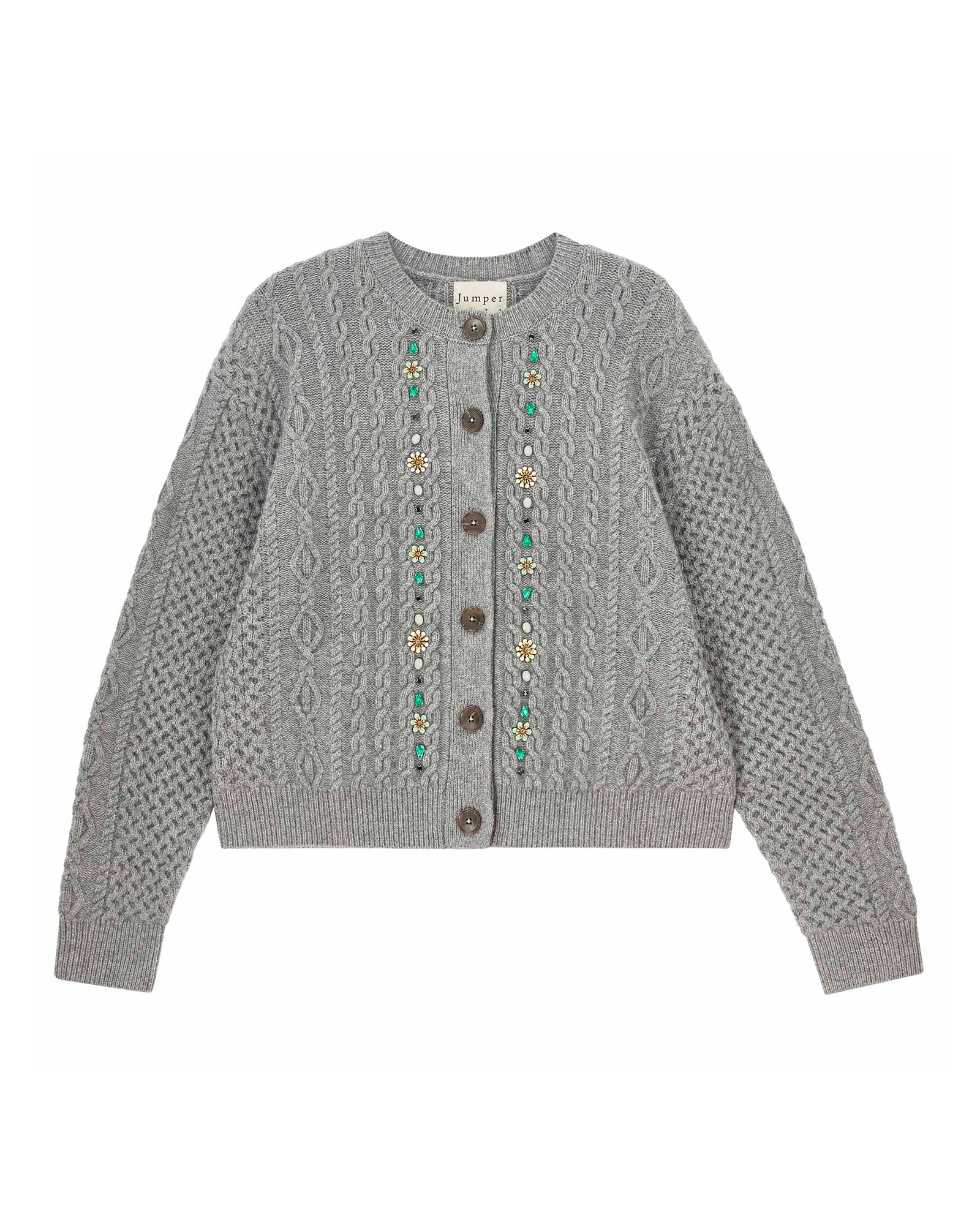 Gray knitted cardigan with decorative buttons on a white background
