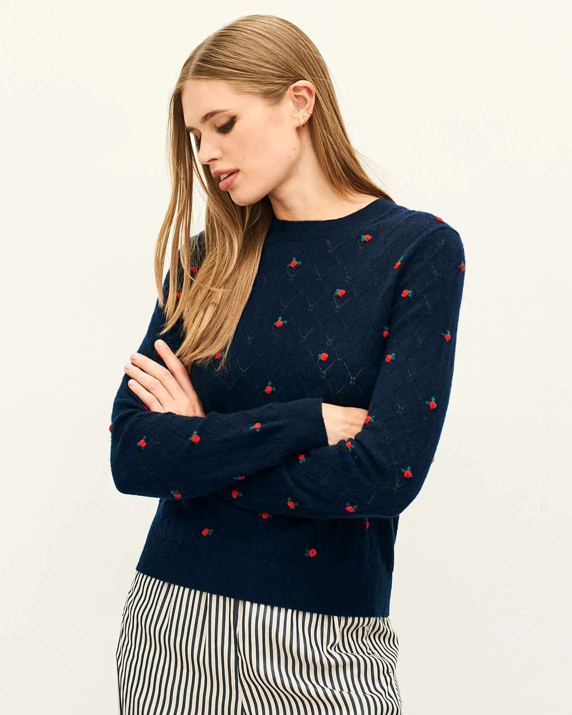 Jumper 1234 Fancy Floral Crew New Navy Embroidered Flowers