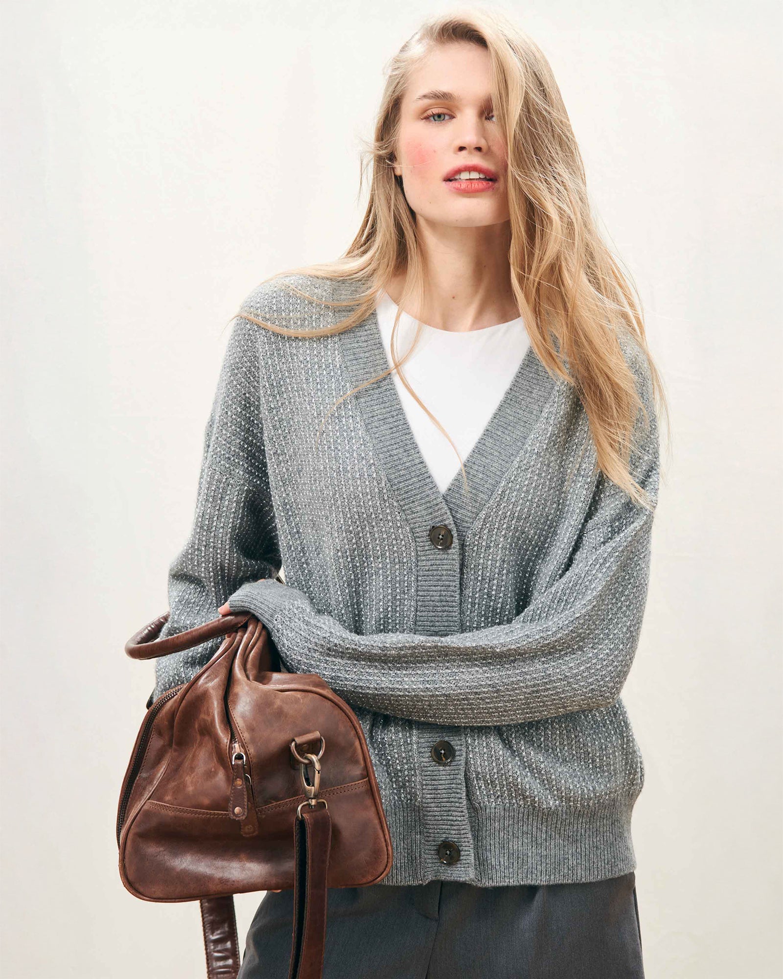 Jumper 1234 Lurex Birdseye Cardigan In Cloudy Silver