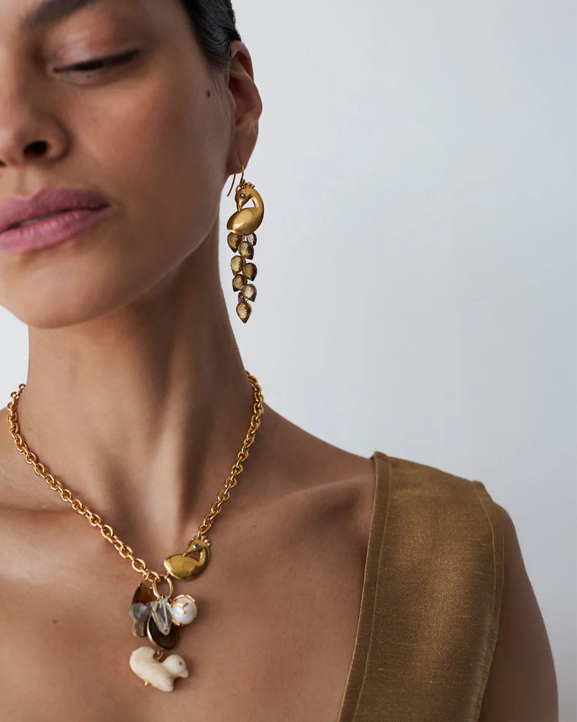 Chan Luu Gold Peacock Earrings with Whiskey Quartz