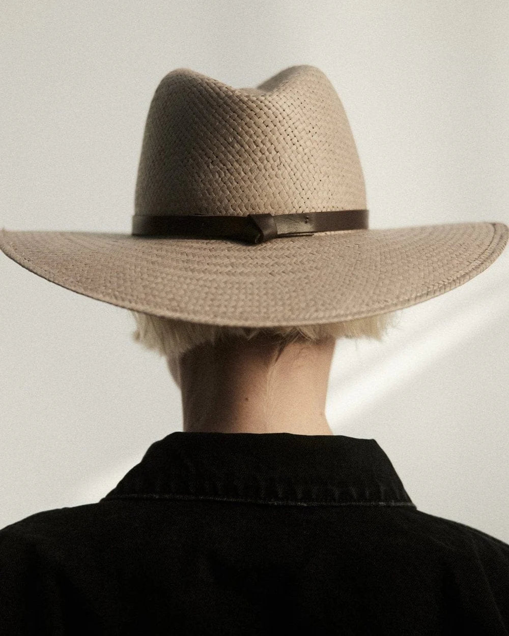 Person wearing a wide-brimmed straw hat with a black band on a plain background