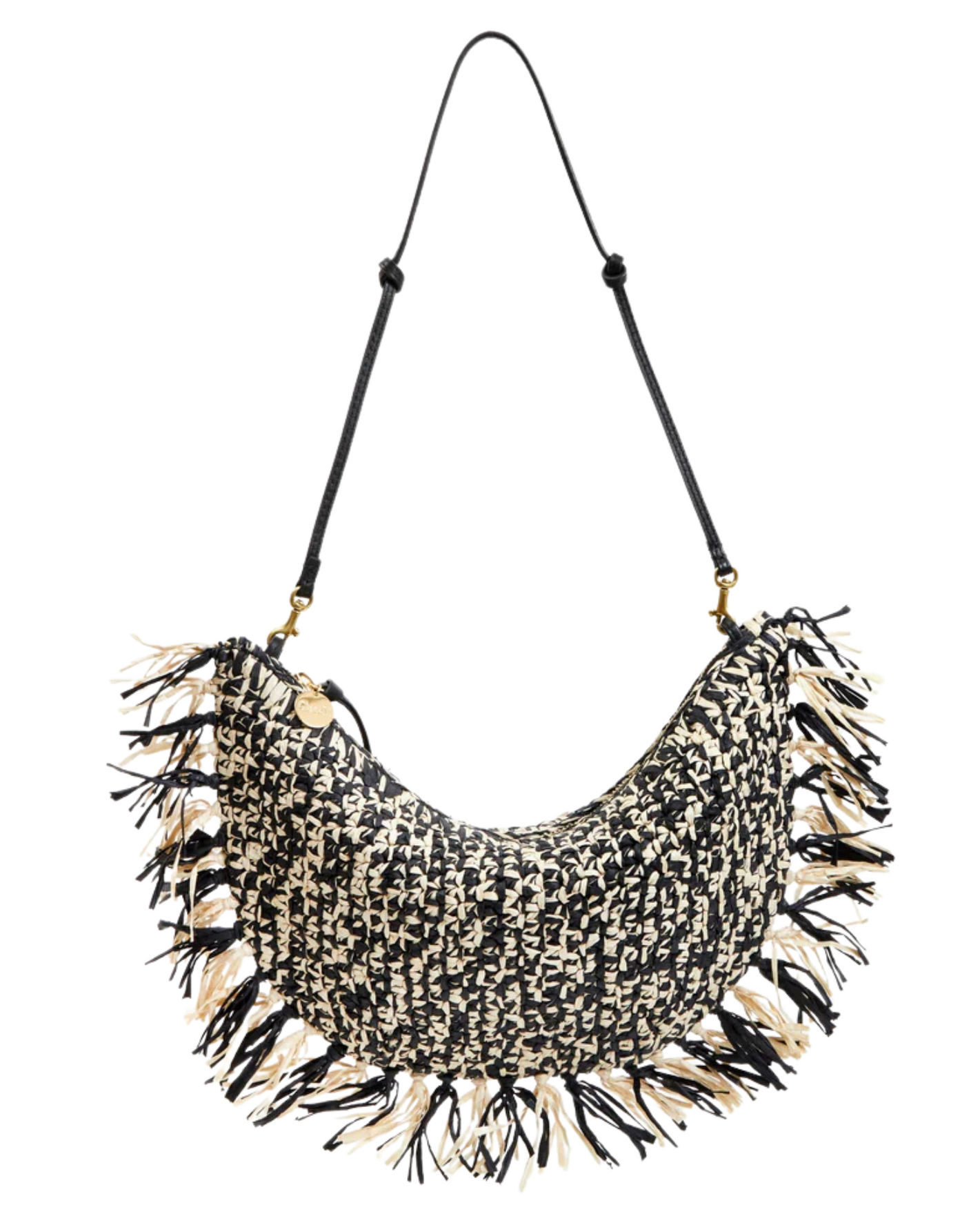 Black and beige fringe necklace on a white background
