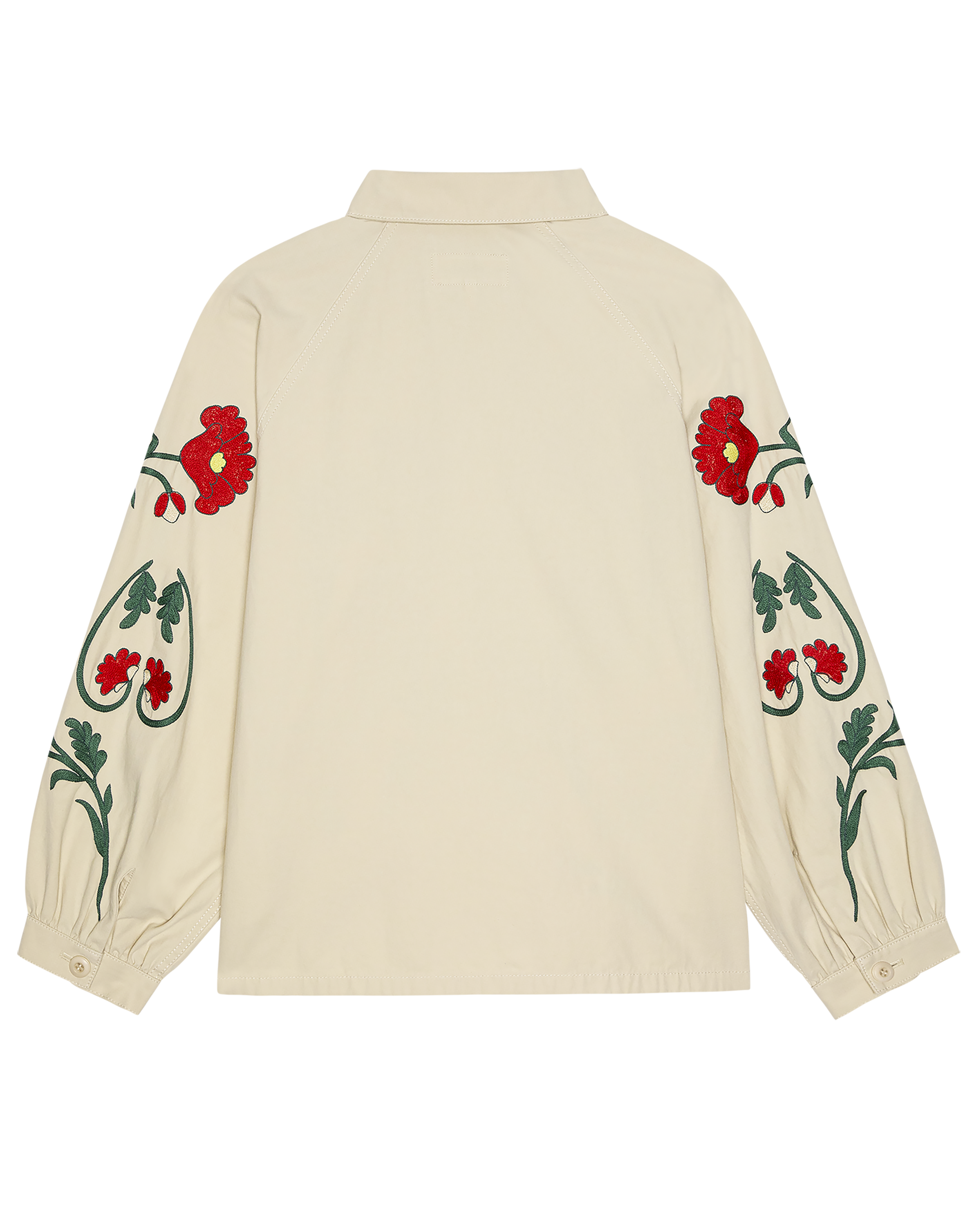 Beige sweater with floral embroidery on sleeves against a white background