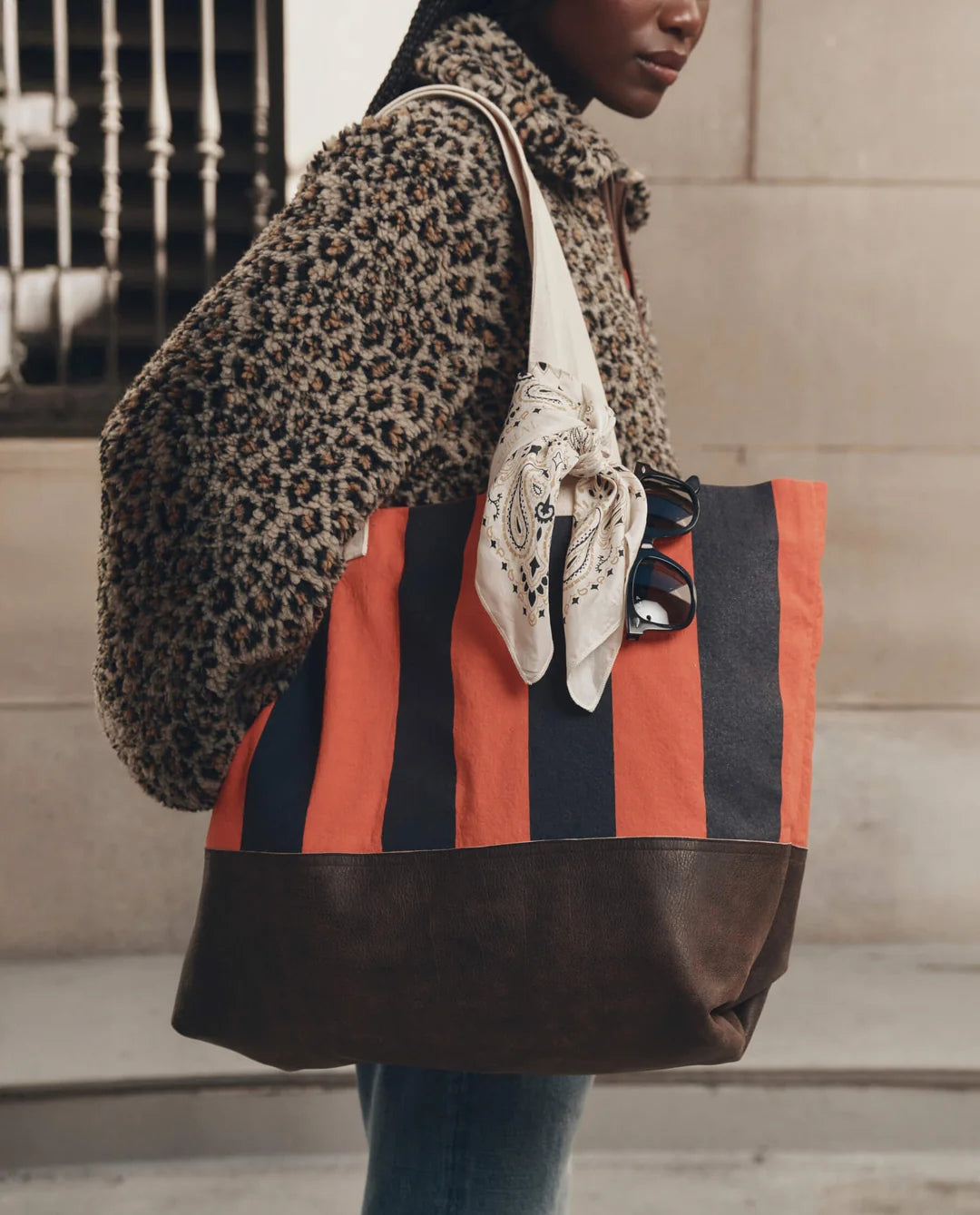 The Great. The Stripe Tote in Hot Red Prep