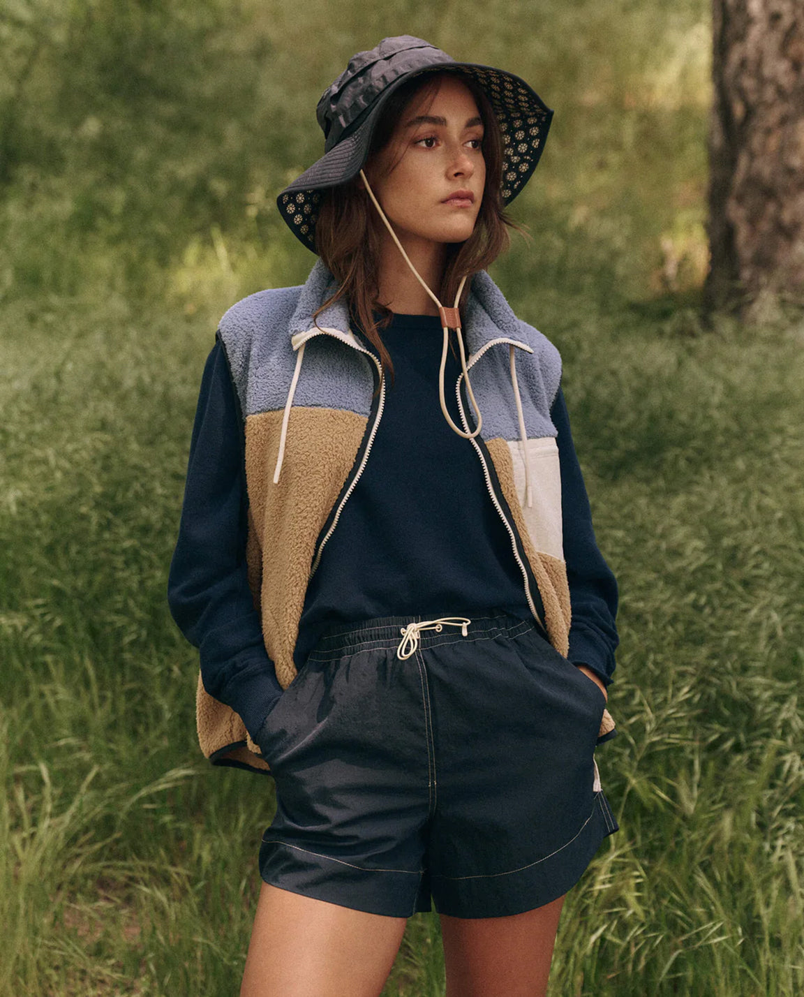 The Great. The Plush Colorblock Terrain Vest in Creek Colorblock
