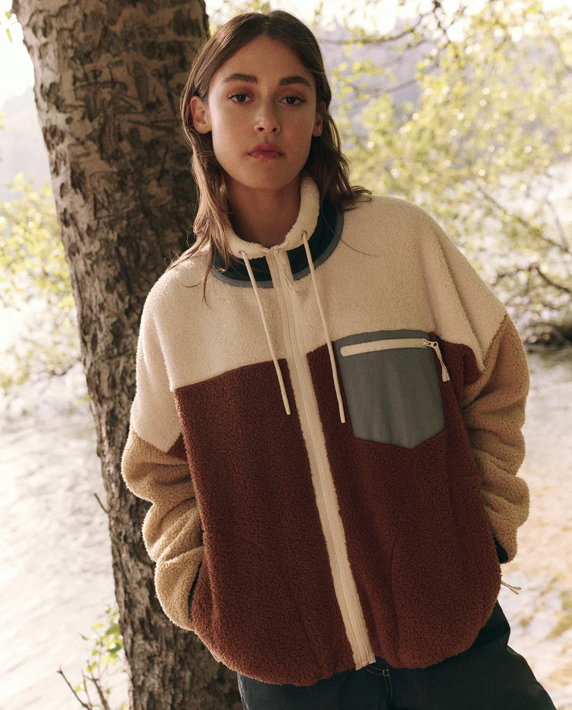 The Great. The Plush Terrain Full-Zip in Oakwood Colorblock
